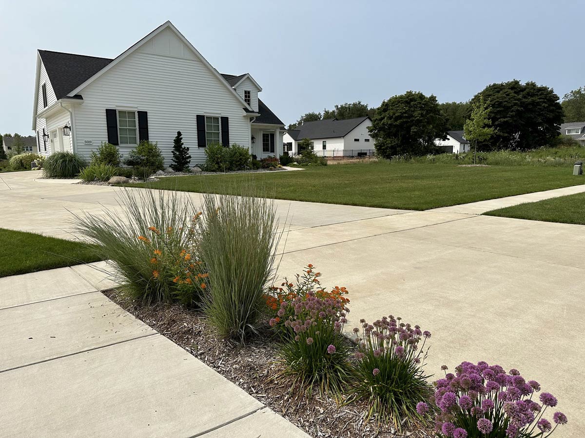driveway with tall grass and flowers planted along it